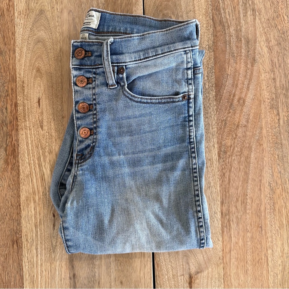 J. Crew Distressed High Rise Light Blue Jeans with Rose Gold Button Accents
